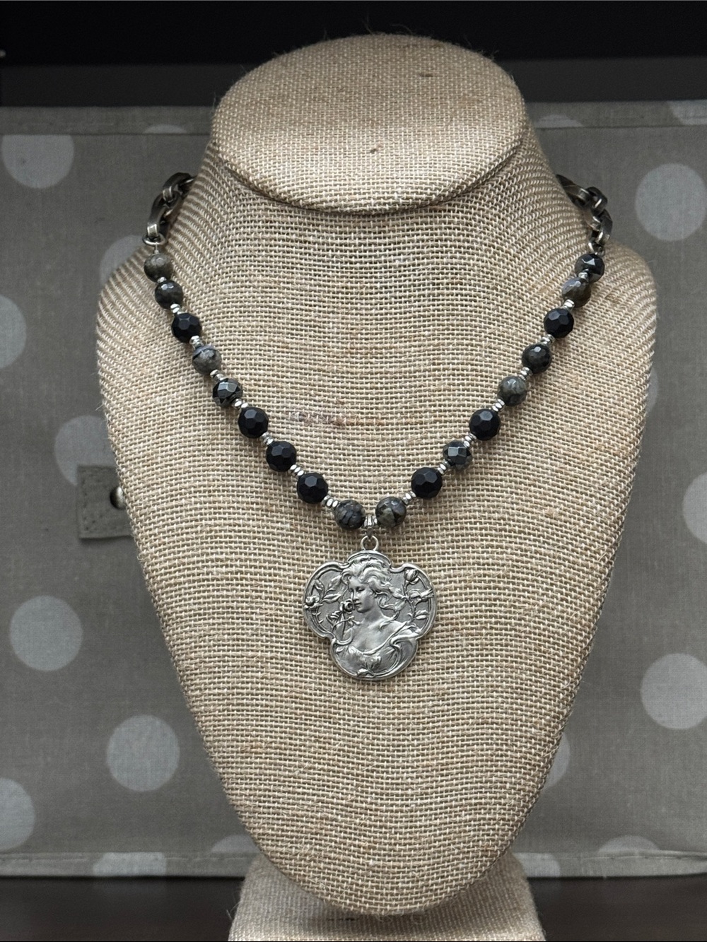 Artisan Silver Pendant Necklace with Black and Gray Beads